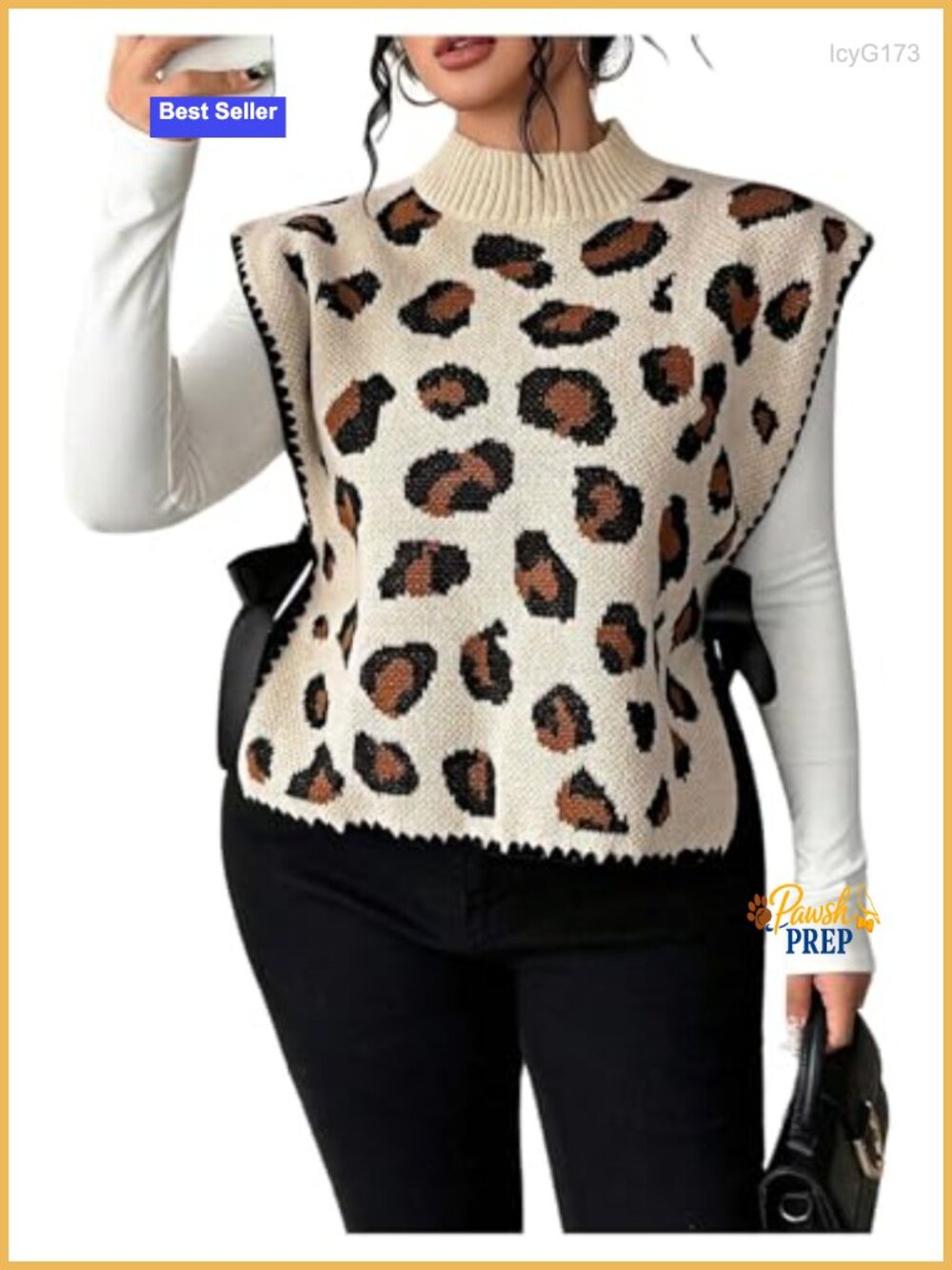 Plus Size Leopard Print Mock Neck Sweater Vest Bow Tie Side Sleeveless Knit